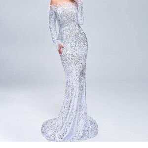 Elegant Silver Sequin Evening Gown